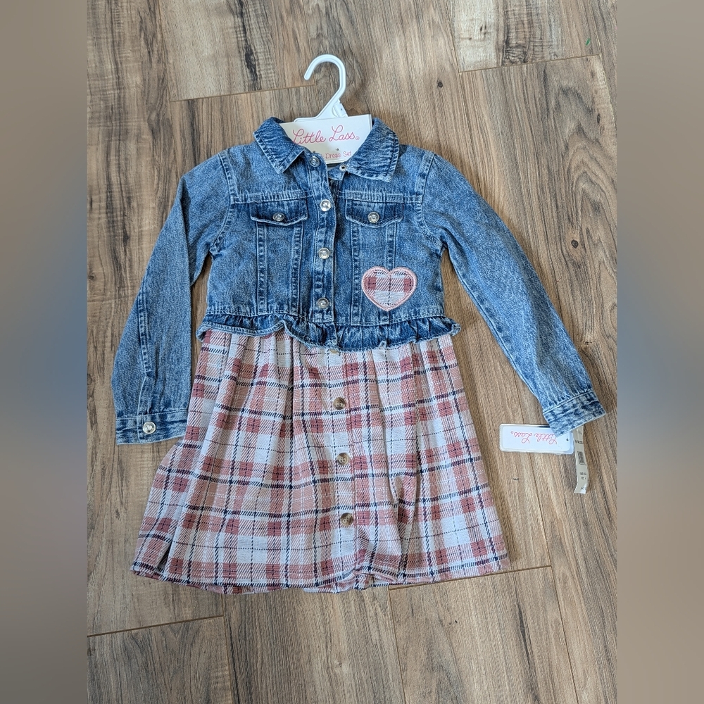 Little Lass Pink Plaid Denim Jacket and Dress Set, NWT, Girls 4